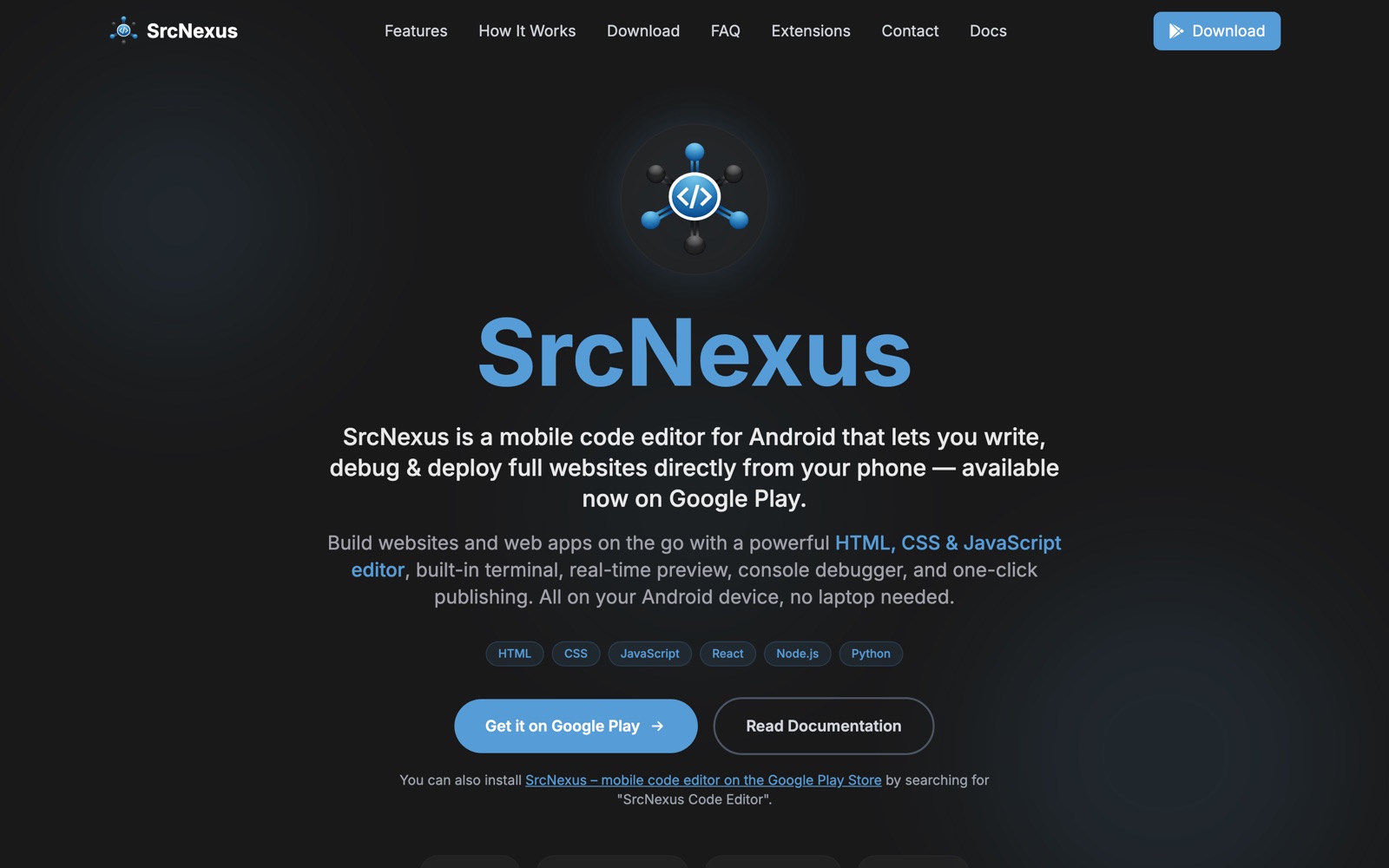 SrcNexus — screenshot of the mobile code editor